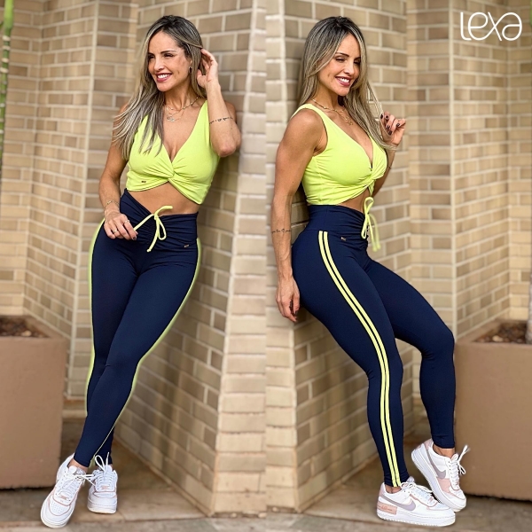 Legging Pamela Azul Marinho Listras Maçã Verde na Lexafitwear.